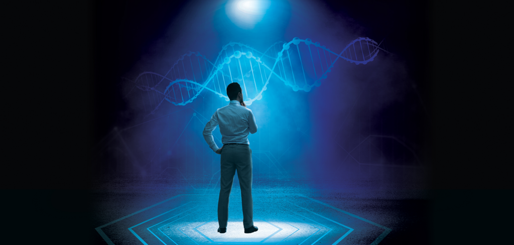 Man standing looking at DNA.